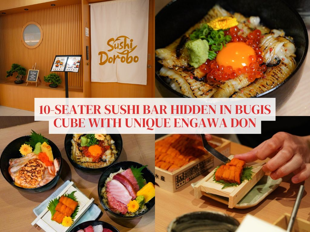 Hidden in Bugis Cube, Sushi Dorobo is a 10-seater sushi bar with a unique engawa don & S$8 set with free-flow sides!